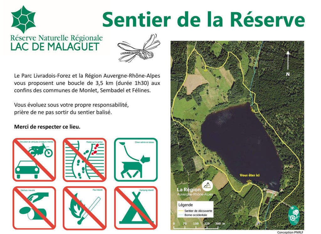 Panneau au départ du sentier de la réserve du lac de Malaguet